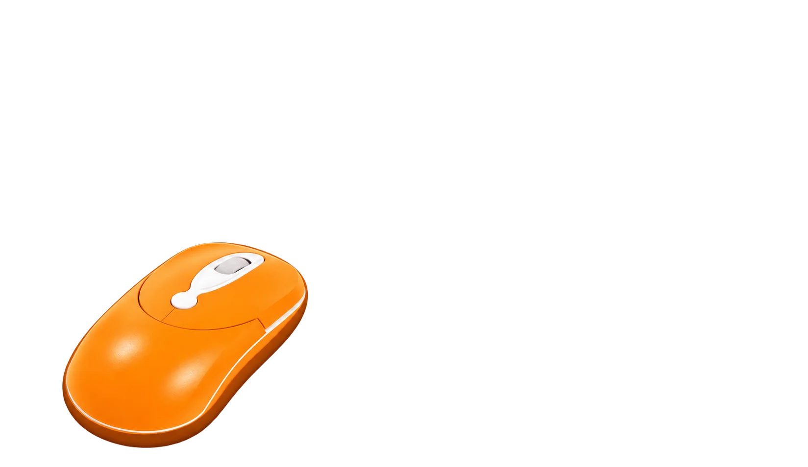 Une souris d'ordinateur orange vif avec une molette blanche, vue de dessus.